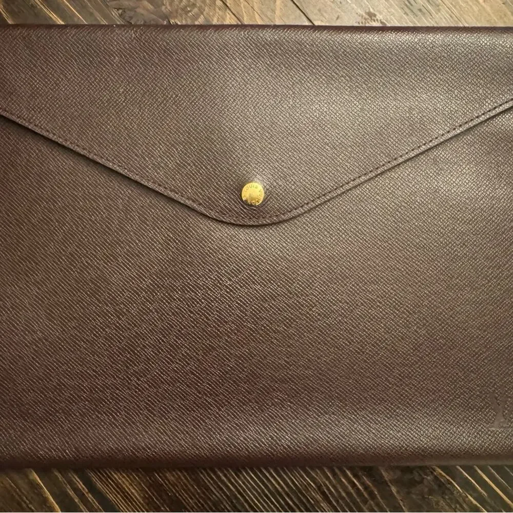 Louis Vuitton Taiga plum brown leather portfolio w/gold front snap or a clutch